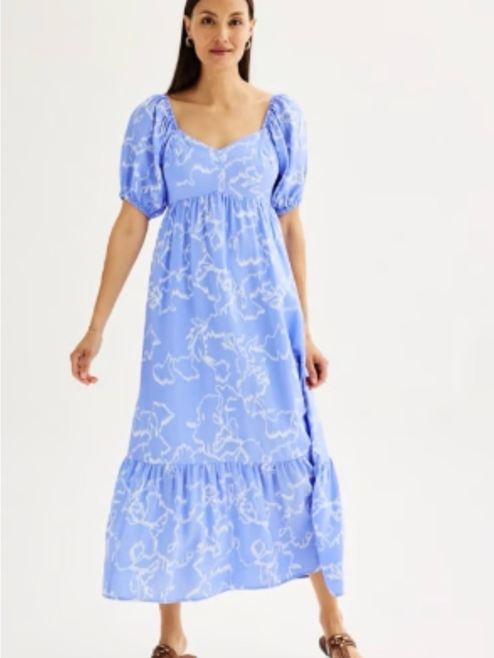 Nine West Light Blue Puff-Sleeve Floral Maxi Dress